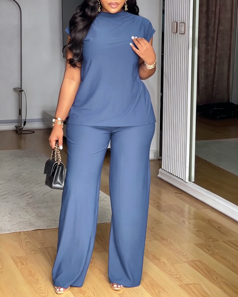 Women's 2 Piece Set Mock Neck Ruched Open Back Button Slit Top and Wide Leg Pants Casual Outfits with Pockets - Image 6