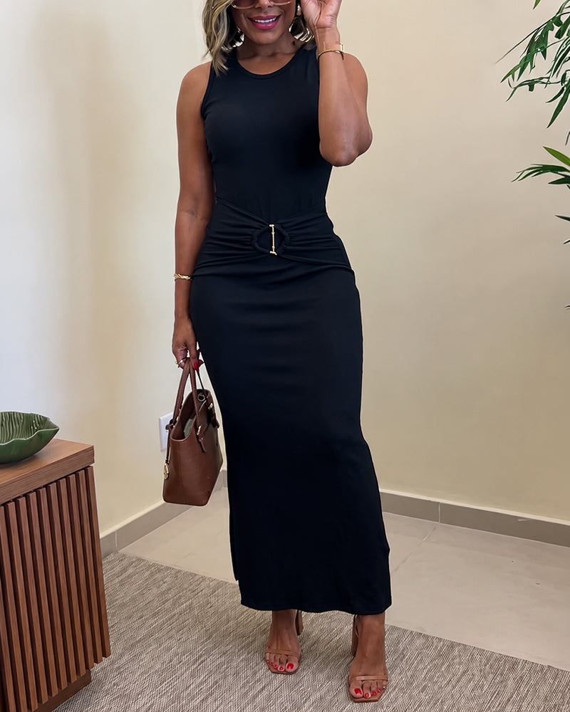 Women's Rib Knit Sleeveless Maxi Dress Ruched Gold Buckle High Waist Side Slit Bodycon Dress - Image 3