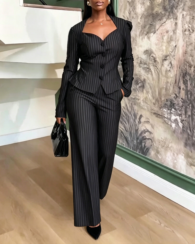Women's 2 Piece Stripe Suit Elegant Sweetheart Neck Peplum Blazer and High Waisted Wide Leg Pants Business Outfits - Image 4