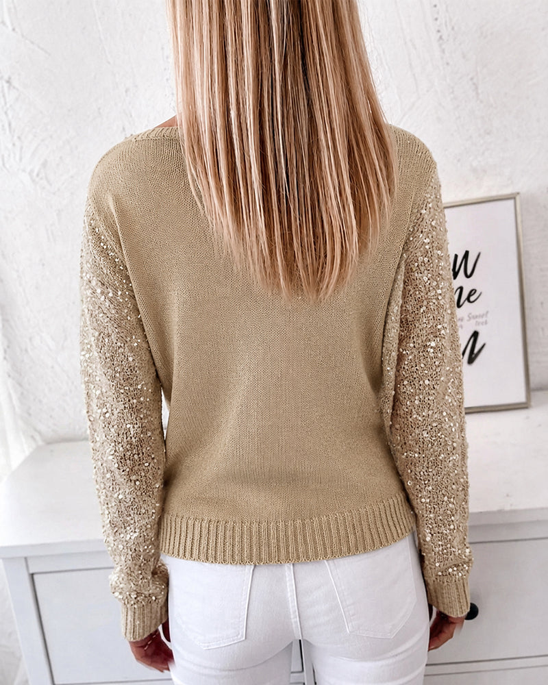 Women's Sequin Knit Sweater Loose Skew Neck Pullover Top Sheer Hollow Out Shimmering Long Sleeve Top - Image 2