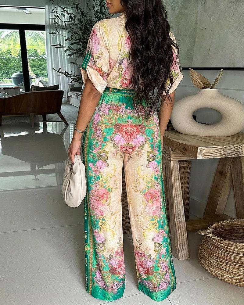 Vintage Floral Print Turn-down Collar Roll Up Sleeve Button Front Overalls Casual Drawstring Stretchy Waist Wide Leg Vacation Jumpsuit - Image 4