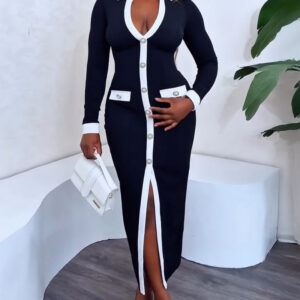Pearls Button Decor Contrast Paneled Turn-down Collar Slit Front Dress Zipper Side Flap Detail Slim Fit Commuting Dress