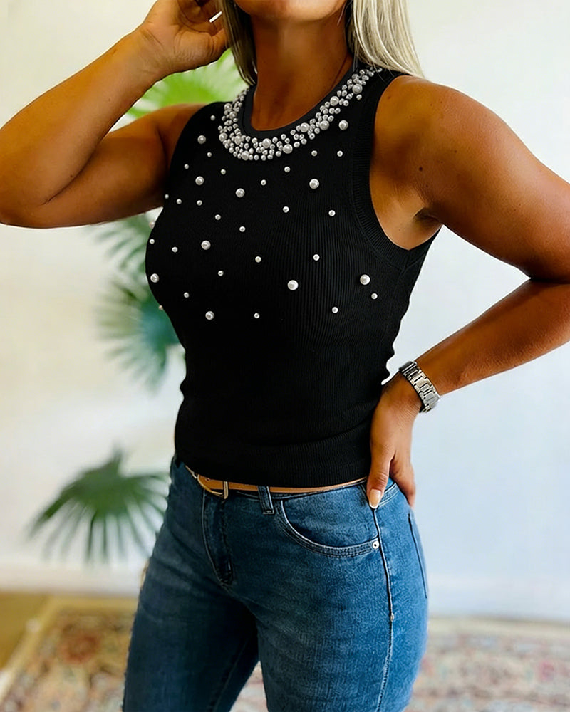 Women's Pearls Slim Fit Tank Top Sleeveless O-neck Ribbed Knit Tee - Image 3