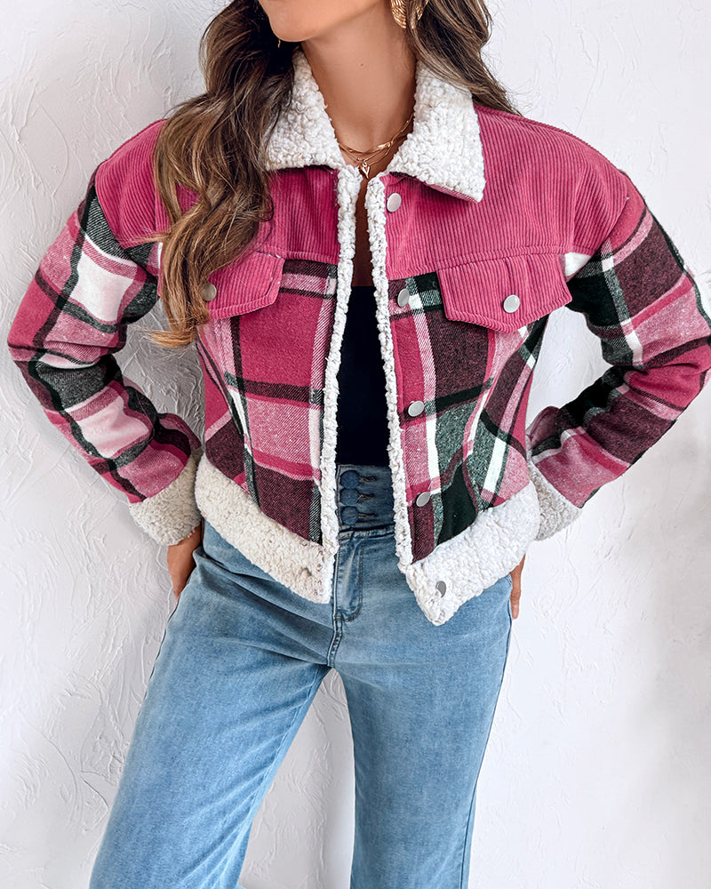 Vintage Plaid Print Corduroy Spliced Turn-down Collar Button Front Thermal Lined Jacket Casual Flap Detail Faux Shearling Trim Crop Warm Coat - Image 7