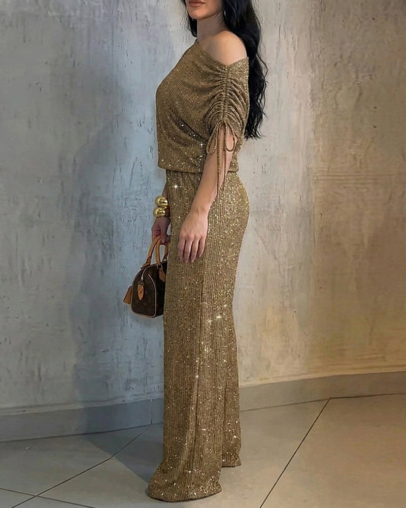 Women's Two-Piece Rhinestone Lounge Suit Skew Neck Top and Wide-Leg Pant Set Elegant Commuter Outfit with Pockets - Image 5