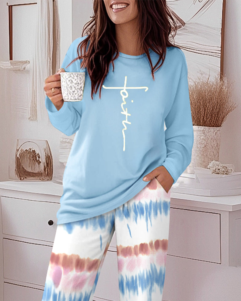 2 Pieces Outfit Letter Print Long Sleeve Top and Tie Dye Print Elastic Waist Pants Set Casual Pajamas Set - Image 12