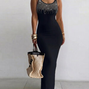 Women's Rhinestone U-Neck Maxi Dress Slim Fit Bodycon Sleeveless Long Knit Dress Elegant Evening Party Dress