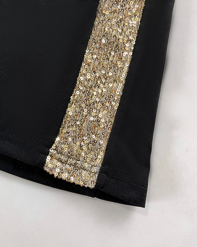 Sequin Bowknot Decor Contrast Sequin Paneled Square Neck Long Sleeve Jumpsuit Casual Cinched Waist Wide Leg Jumpsuit - Image 13