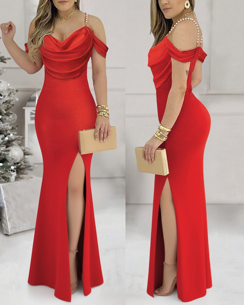 Cold Shoulder Pearls Strap Cowl Neck Evening Bodycon Dress Elegant High Slit Fishtail Maxi Dress - Image 4
