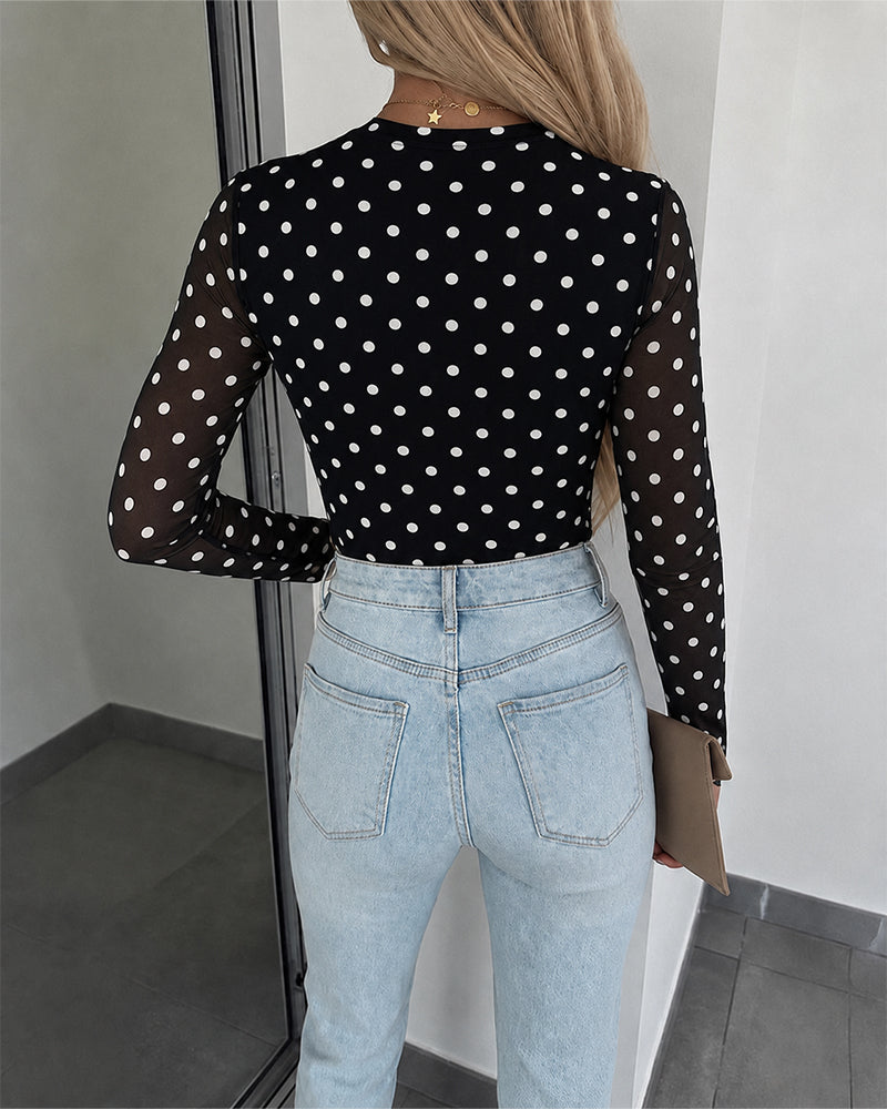 Women's Mesh Polka Dot Top Lined Sheer Long Sleeve Tee Crewneck Slim Fit Layering Under Base Top with Thumbholes - Image 15
