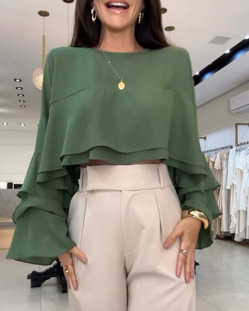 Round Neck Bell Sleeve Crop Top Casual Loose Fit Layered Blouse - Image 12