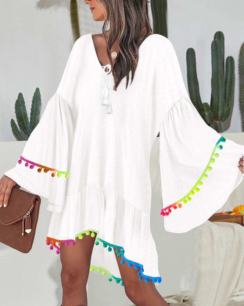 Colorblock V-Neck Bell Sleeve A Line Tassel Mini Dress Vacation Dress - Image 12