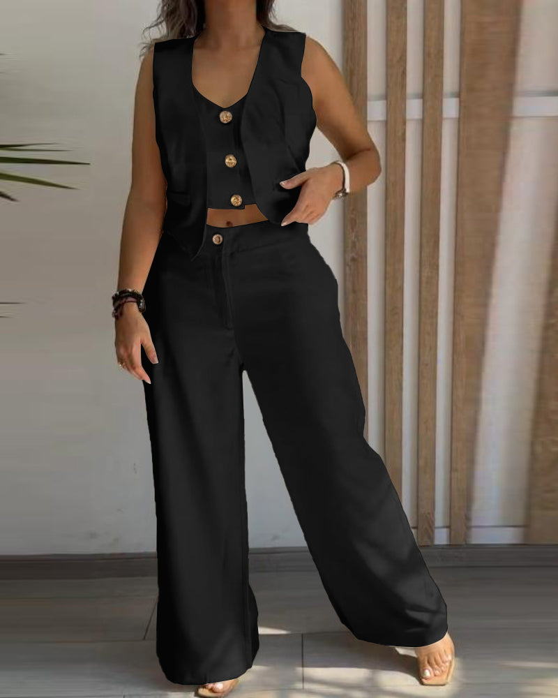 Women's Two Piece Outfits Faux Two Piece Sleeveless Crop Top and High Waisted Wide Leg Pants Elegant Matching Suit - Image 9