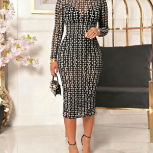 2 Pieces Outfit Vintage Colorblock Chain Print Mock Neck Long Sleeve Zipper Back Sheer Mesh Mid-length Bodycon Dress with V-Neck Adjustable Spaghetti Straps Cami Dress