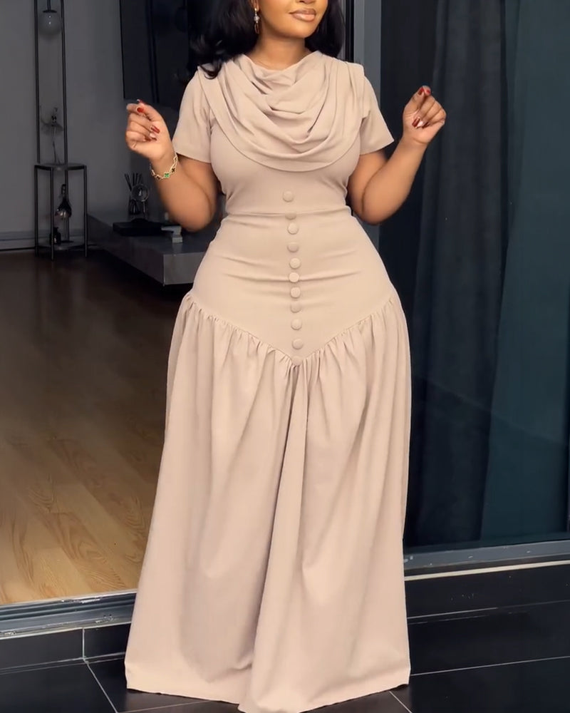 Single Breasted Decor Cowl Neck Short Sleeve Cinched Waist Maxi Dress Elegant Zipper Back Ruched Party Dress - Image 6
