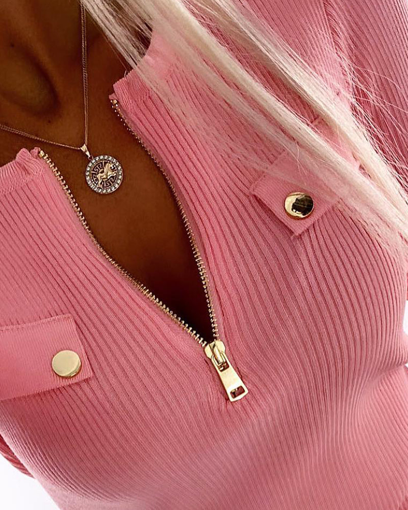 Crewneck Half Zipper Flap Detail Knit Sweater Long Sleeve Slim Fit Ribbed Pullover Top - Image 13