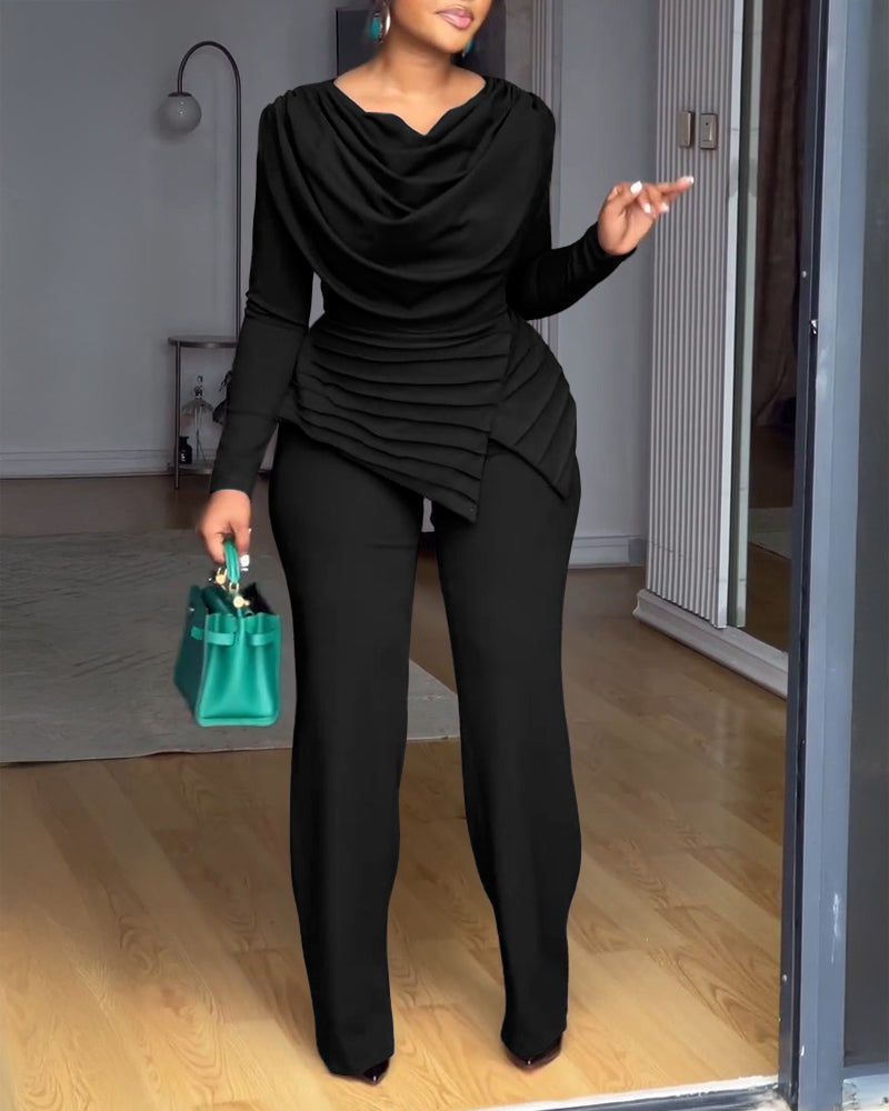 Cowl Neck Asymmetrical Textured Patchwork Cinched Waist Jumpsuit Casual Zipper Back Wide Leg Jumpsuit - Image 11
