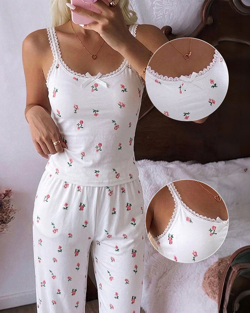 Women's Ditsy Floral Print 2 Piece Pajamas Set Lace Cami Top and Pants Casual Loungewear Bowknot Sleepwear - Image 4