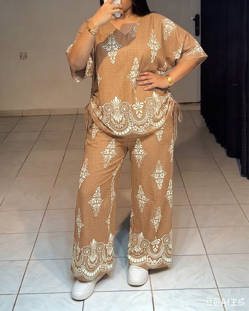 Women's Vintage Print 2 Piece Outfits V Neck Drawstring Ruched Top and Wide Leg Pants Set Casual Loose Loungewear - Image 3