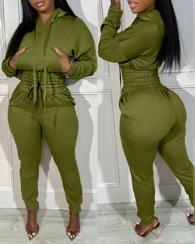 2 Pieces Outfit Drop Shoulder Kangaroo Pocket Stretchy Hem Crop Drawstring Hoodie Sweatshirt And Drawstring Elastic Waist Jogger Sweatpants Casual Tracksuit - Image 11