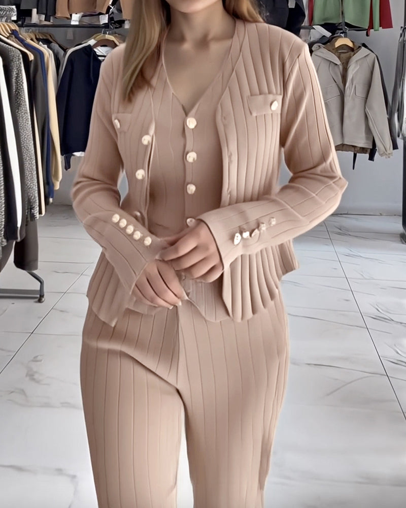 3 Pcs Outfits V Neck Long Sleeve Knit Coat with Metal Button Detail Tank Top Casual Long Pants Knit Sets - Image 4