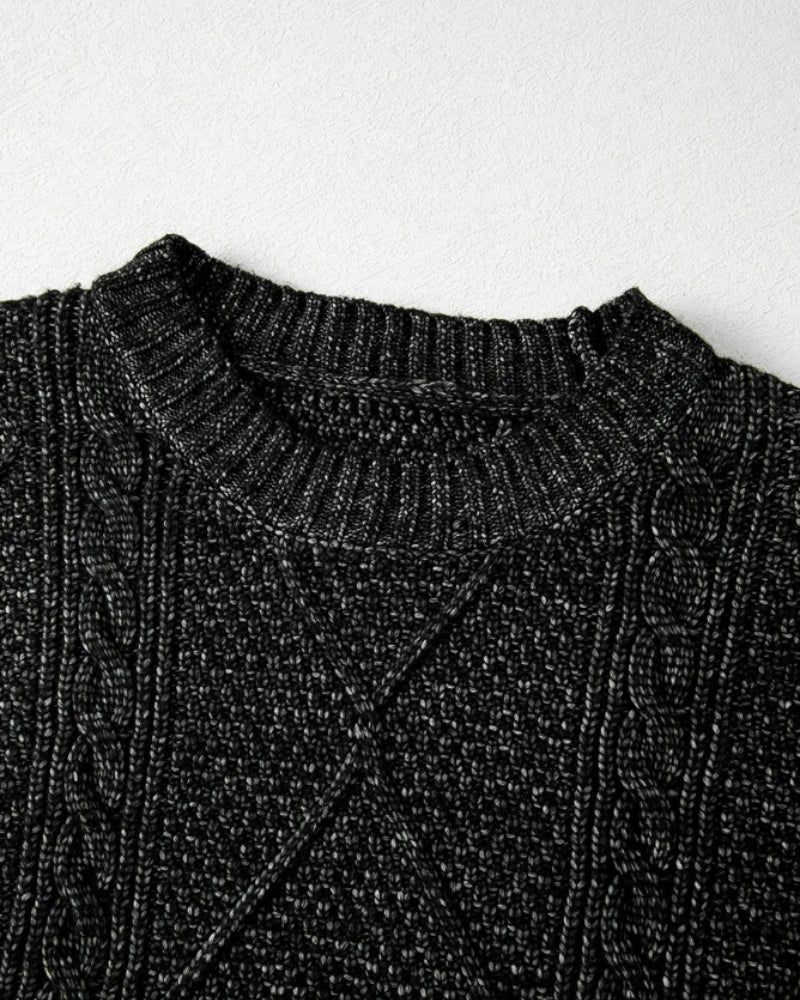 Round Neck Long Sleeve Drop Shoulder Pullover Sweater Casual Loose Fit Cable Knit Mid Length Sweater - Image 13