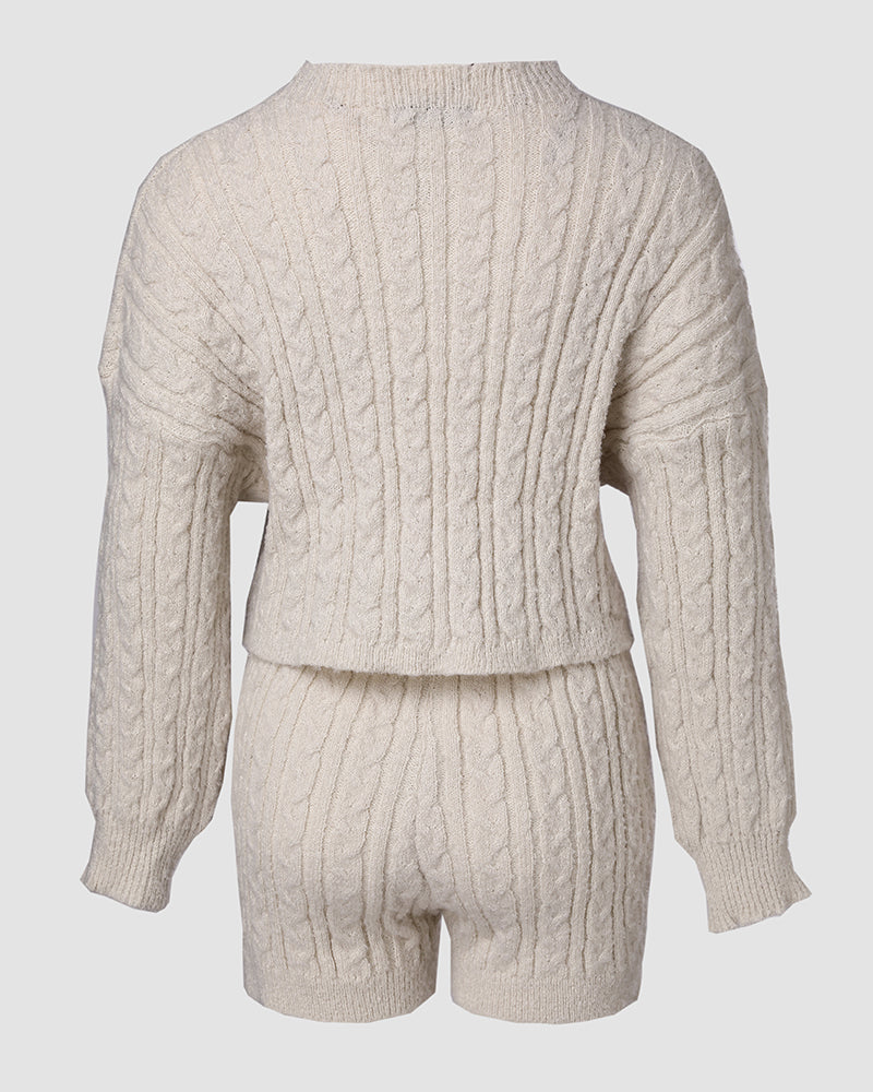 2 Piece Crewneck Long Sleeve Cable Knit Crop Sweater High Waist Shorts Tracksuits Outfits - Image 13