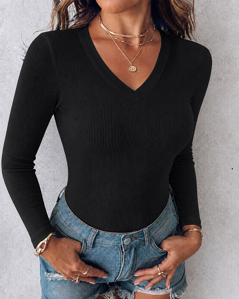 Women's V Neck Long Sleeve Ribbed Knit Top Slim Fit Base Layer Shirt Soft Stretchy Casual Tee with Built-in Bra - Image 5