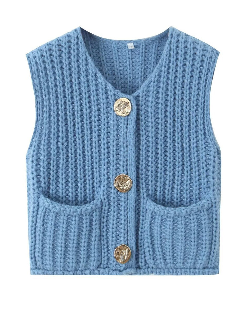 V-Neck Sleeveless Button Front Knit Vest Casual Loose Fit Sweater Top with Pockets - Image 22