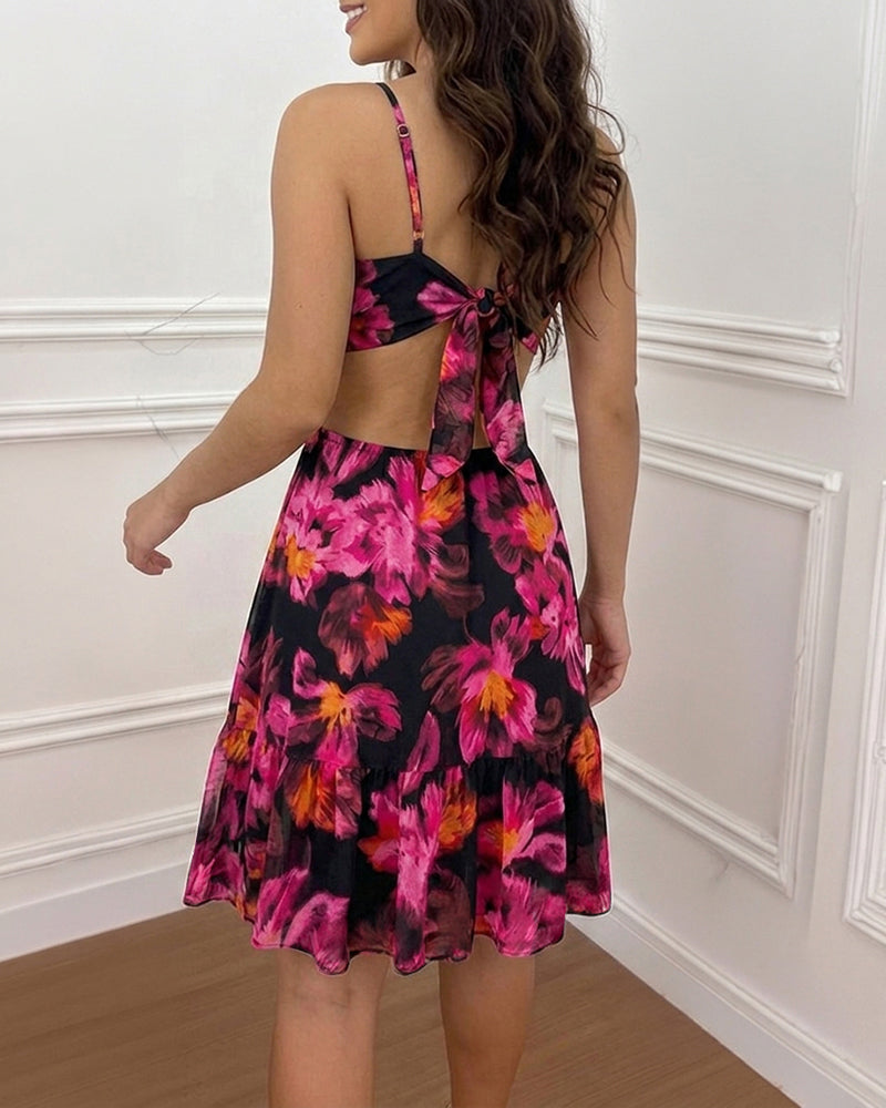 Women's Vintage Floral Print Mini Dress Sexy Sweetheart Neck Cut Out Sundress Backless Ruched A-Line Vacation Dress - Image 6