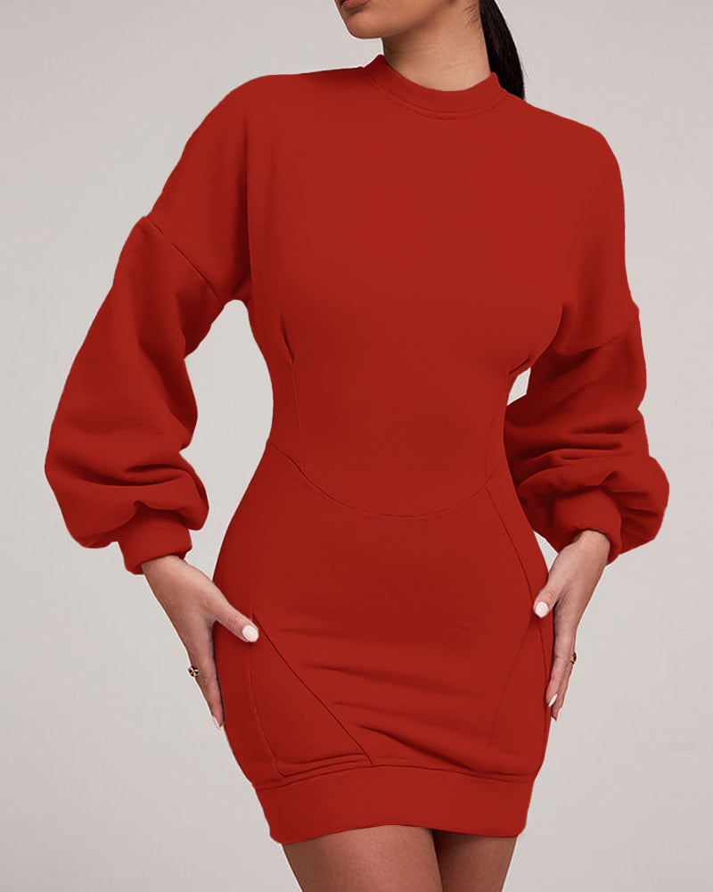 Lantern Sleeve Bodycon Pullover Sweatshirt Dress Crew Neck Mini Dress - Image 15