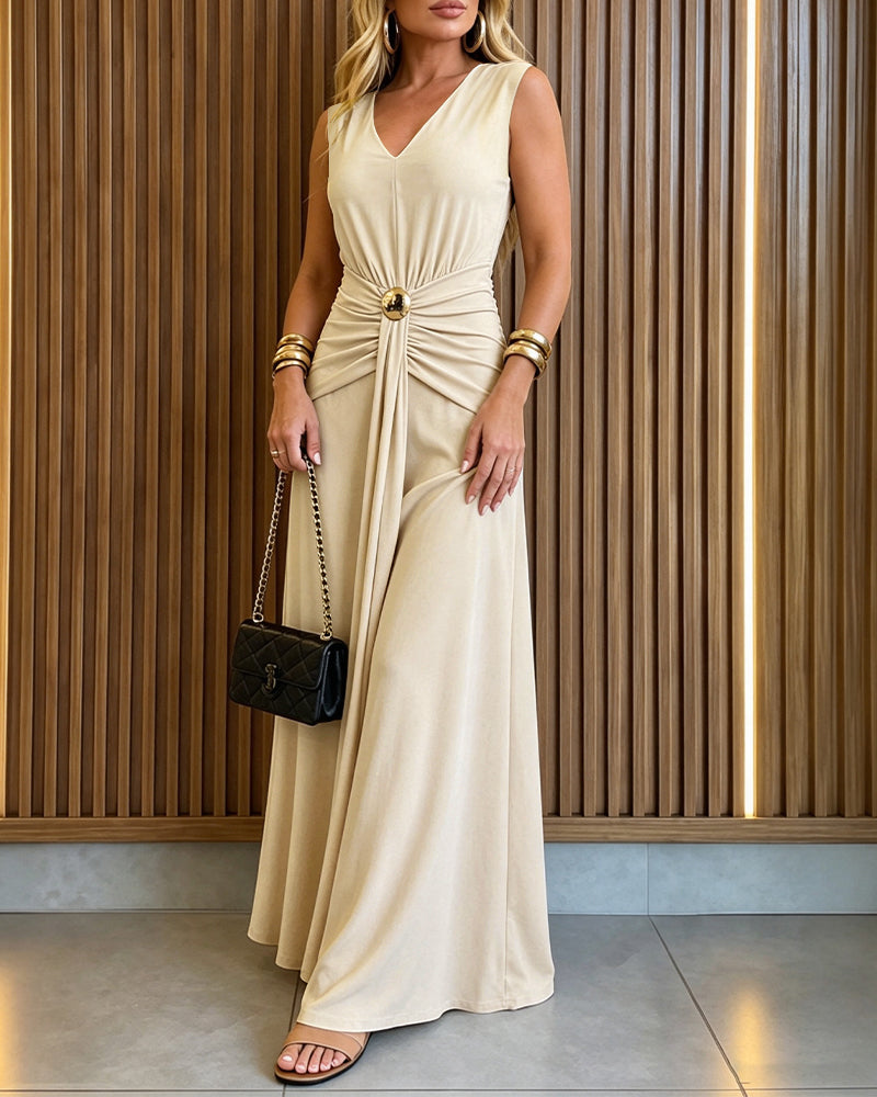 Women's Deep V Neck Sleeveless Maxi Dress Ruched Gold Decor Draped A Line Evening Gown - Image 5
