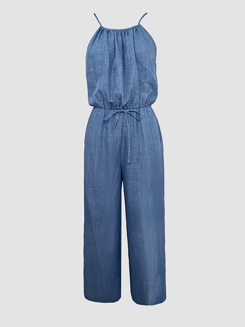 Womens Spaghetti Strap Drawstring Tied Waist Jumpsuit Casual Overalls - Image 4