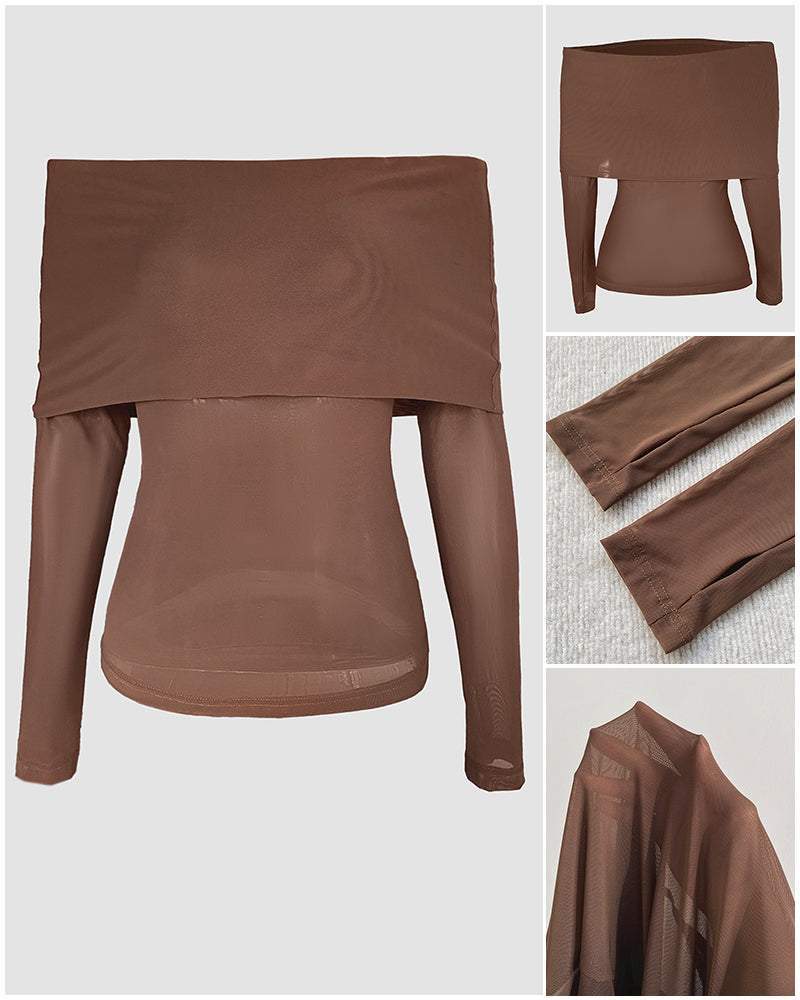 Foldover Off Shoulder Long Sleeve Mesh Top with Thumb Hole Cuffs - Image 3