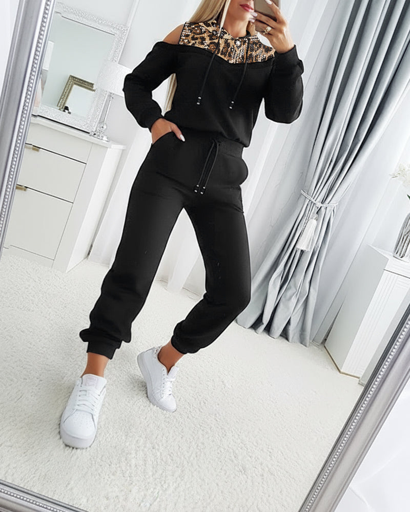 2 Pieces Outfit Sequin Decor Leopard Print Spliced Cold Shoulder Long Sleeve Drawstring Hoodie Sweatshirt and Casual Drawstring Elastic Waist Jogger Sweatpants Set - Image 5