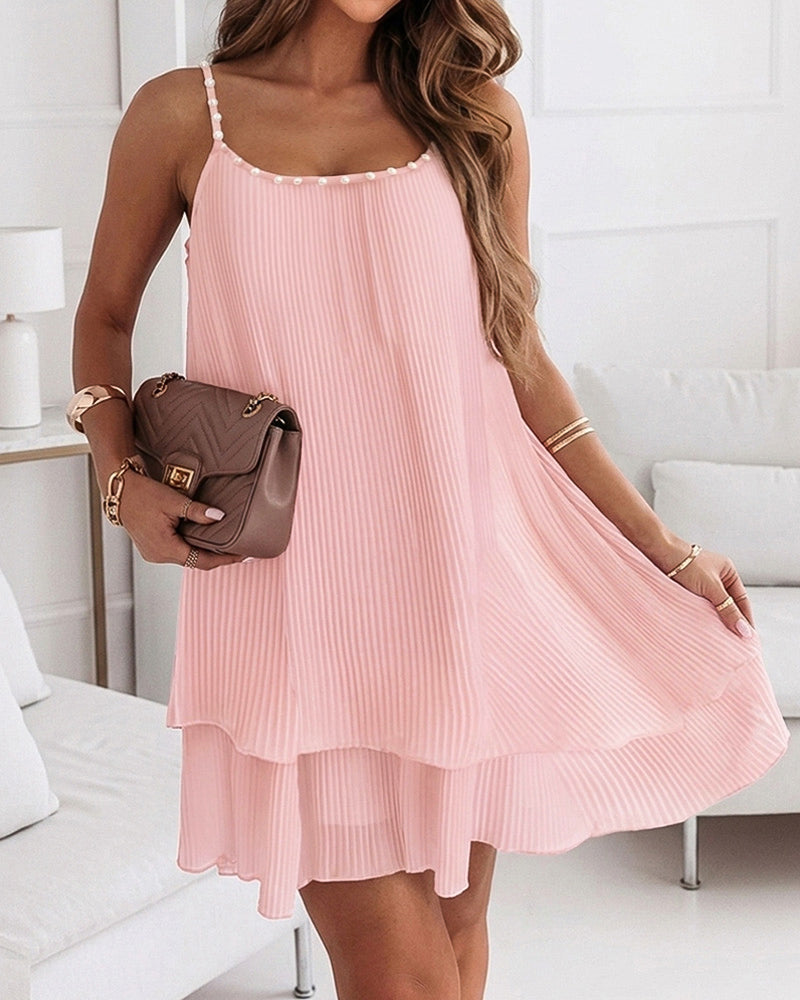 Women's Pearls Embellished Straps Mini Dress Backless Pleated Dress Casual Double Layer Lettuce Trim Cami Sun Dress - Image 3