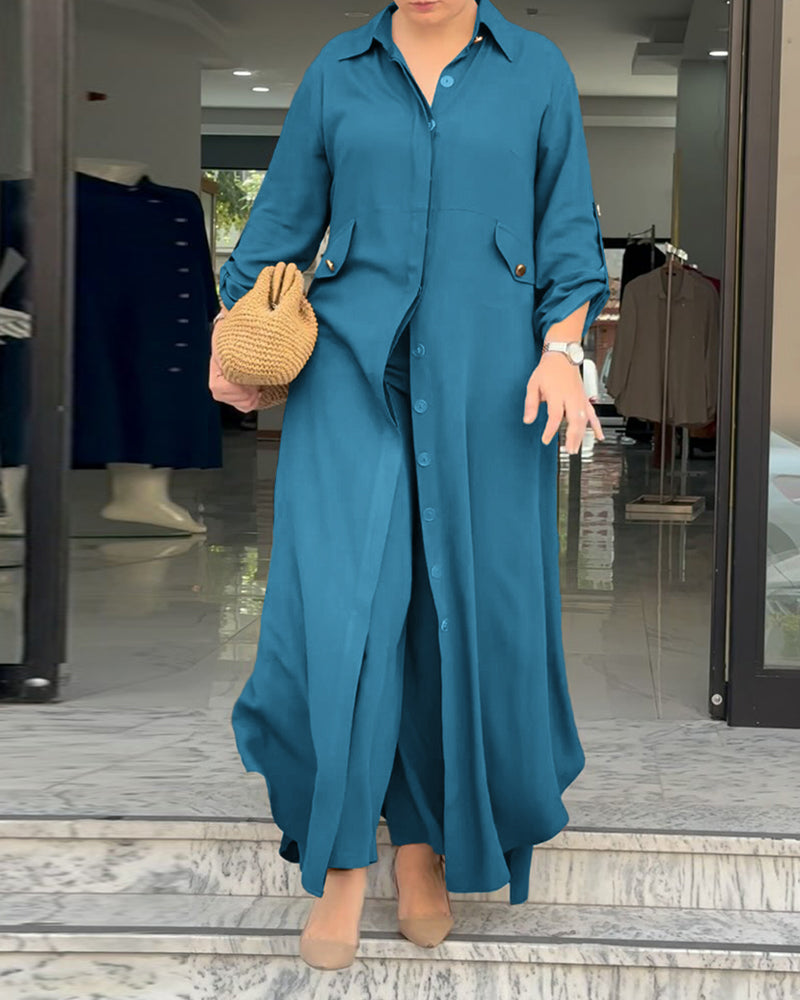 2 Pieces Outfit Turn-down Collar Turn-Up Sleeves Button Front Asymmetrical Hem Longline Blouse and Casual Elastic Waist Wide Leg Pants Set - Image 7