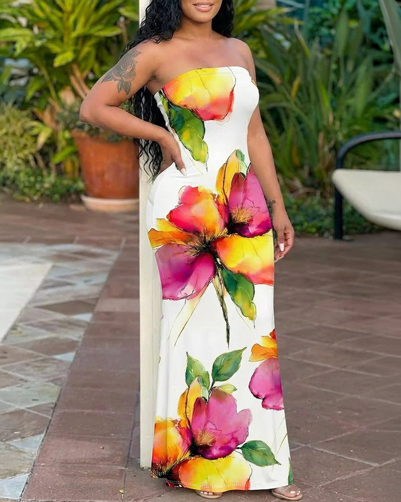 Watercolor Floral Print Slim Fit Stretchy Maxi Dress Chic Tube Dress - Image 4