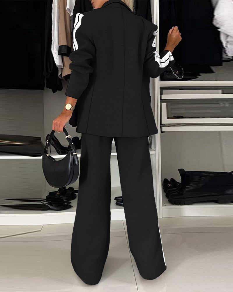 2 Pieces Outfit Notched Collar Single Breasted Pockets Design Coat And Elastic Waist Seam Front Wide Leg Pants Set Casual Contrast Side Striped Blazer Set - Image 10