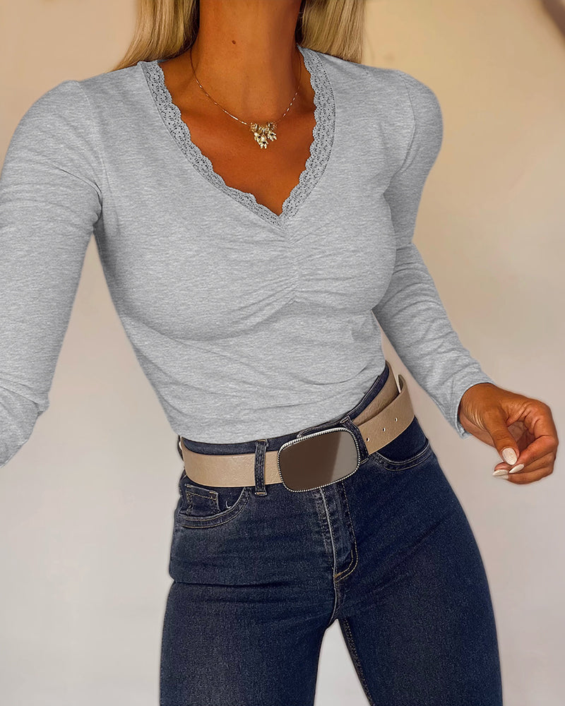 Women's Lace V Neck Ruched T Shirt Slim Fit Long Sleeve Tee Casual Elegant Top - Image 16