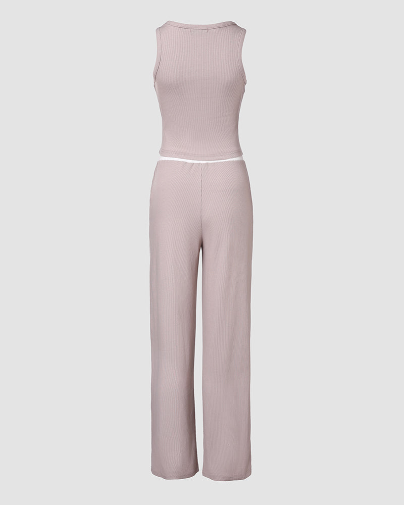 2 Piece Outfits Notch Neck Sleeveless Top Stretchy Waist Straight Leg Pants Lounge Sets Tracksuit - Image 15