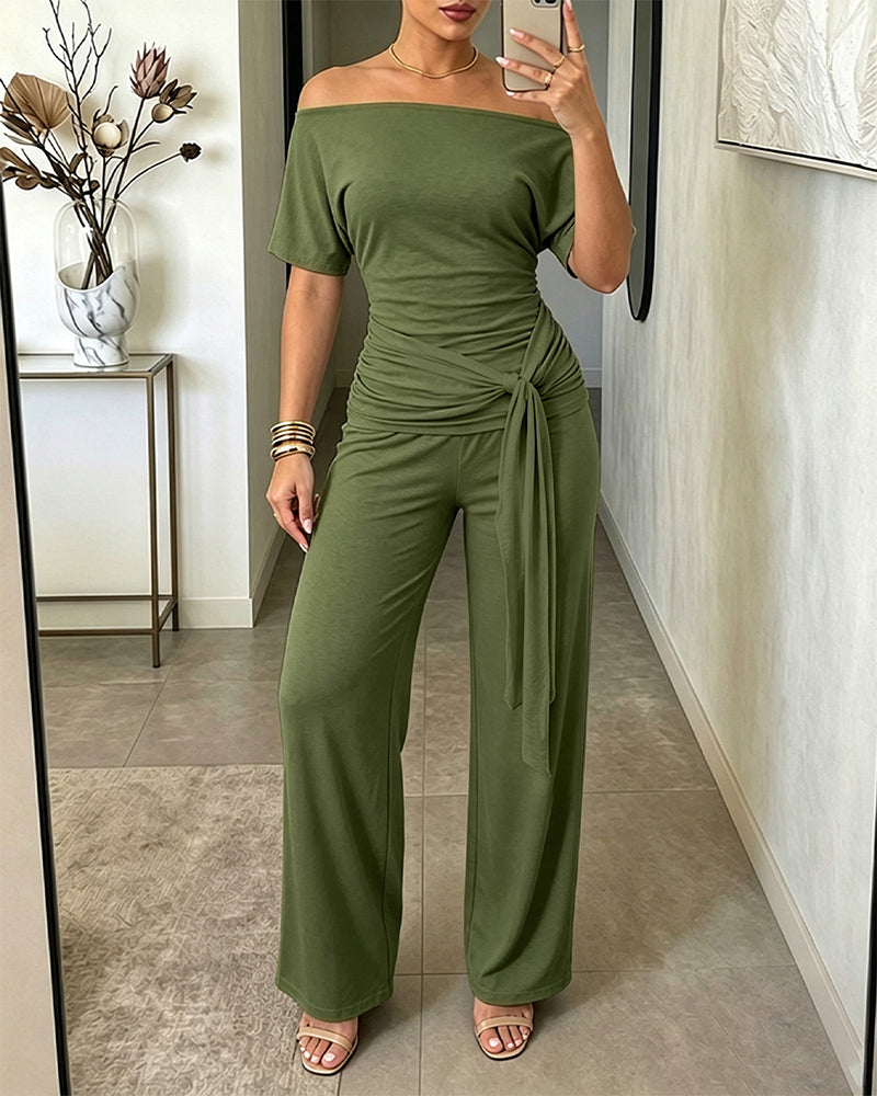 Women's Skew Neck 2 Piece Outfits Ruched Tie Waist Short Sleeve Top and High Waisted Wide Leg Pants Lounge Set - Image 14