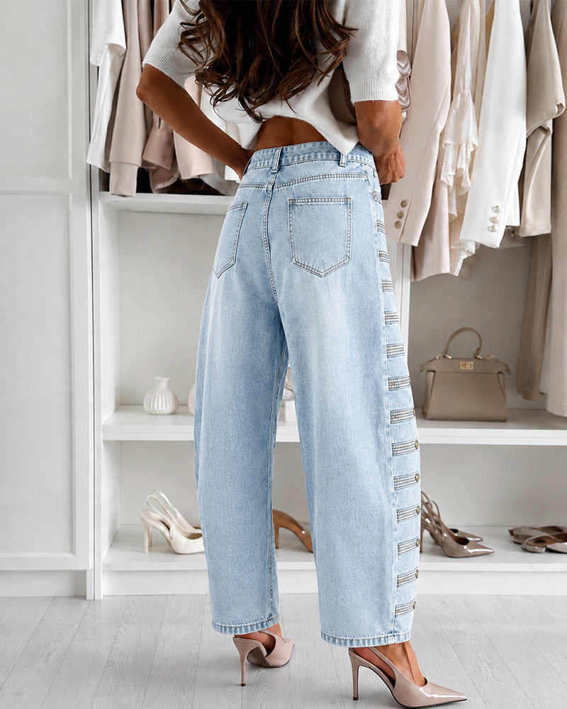 Women's Wide Leg Jeans High Waisted Side Button Denim Pants Distressed Washed Trousers Retro Y2K Streetwear - Image 23