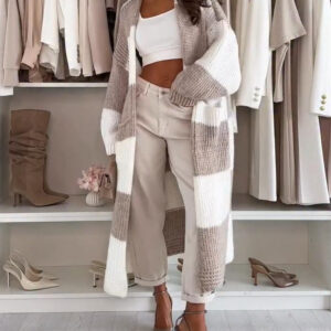 Women's Checkerboard Knit Cardigan Oversized Long Chunky Sweater Loose Lantern Sleeve Coat with Pockets