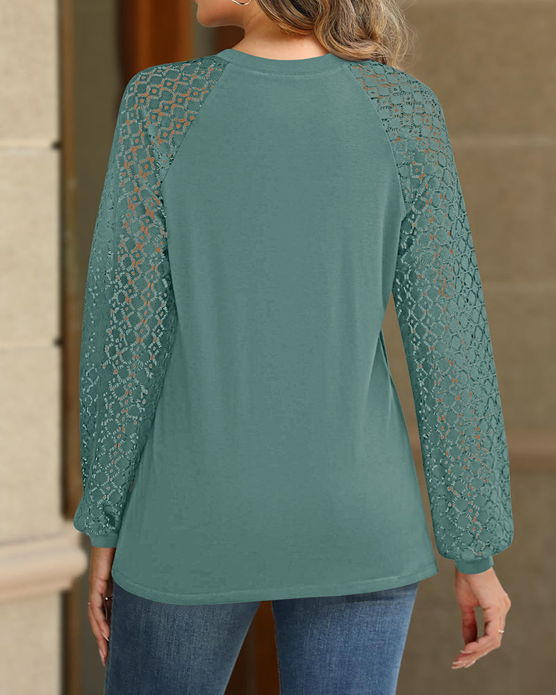 Contrast Lace Round Neck Lantern Sleeve Ruched Blouse Elegant Shirt - Image 16