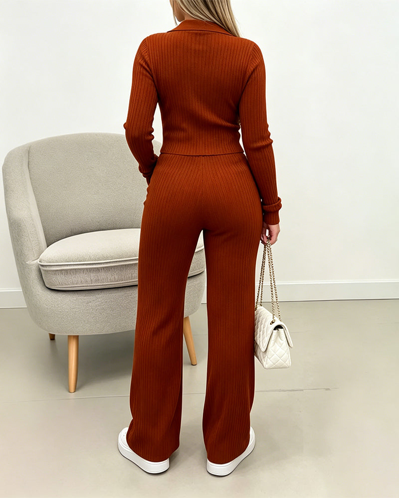Women's Three Piece Knit Outfit Collared Two Way Zipper Coat and V Neck Tank Top and Bootcut Pants Ribbed Set - Image 2