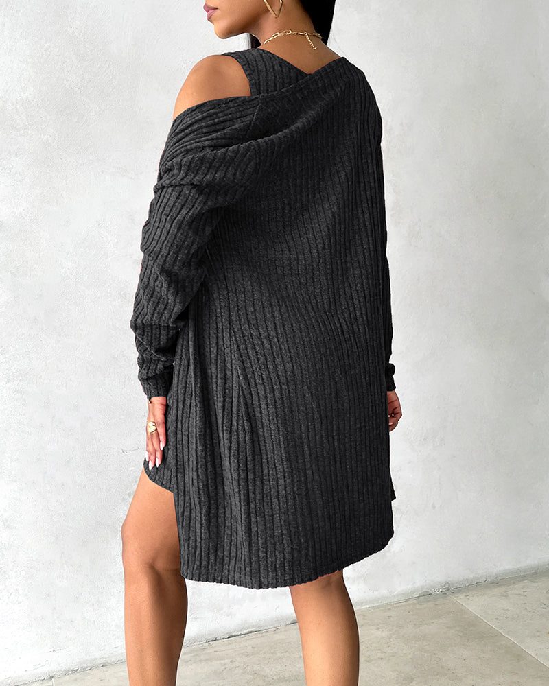 2 Pieces Outfit U-Neck Thick Strap Button Front Slim Fit Ribbed Knit Dress and Casual Long Sleeve Pockets Design Open Front Cardigan Coat Set - Image 5