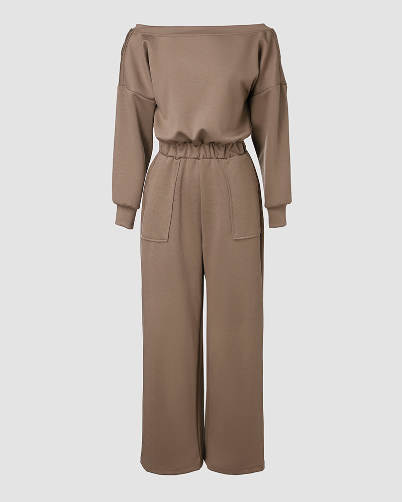 Off Shoulder V Back Elastic Waist Pockets Design Jumpsuit Casual Drop Shoulder Cinched Waist Wide Leg Jumpsuit - Image 5