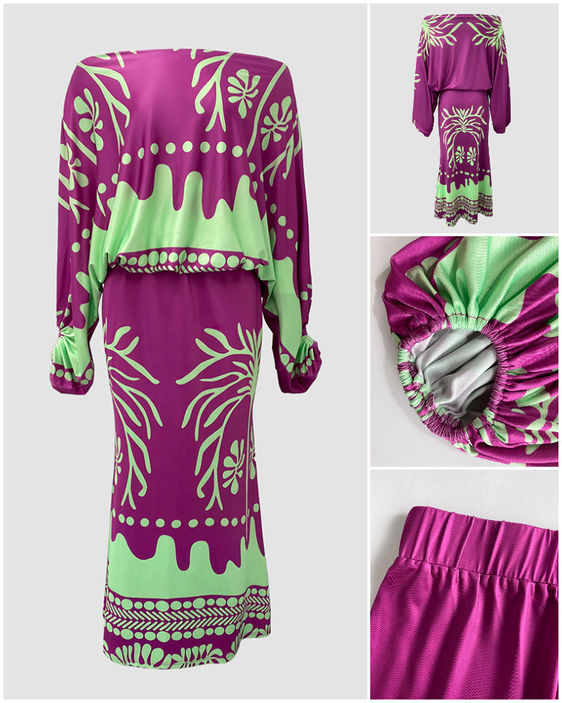 2 Pieces Outfit Skew Neck Lantern Sleeve Loose Fit Top and High Waist Elastic Waist Fishtail Maxi Skirt Set Casual Tropical Print Vacation Set - Image 5