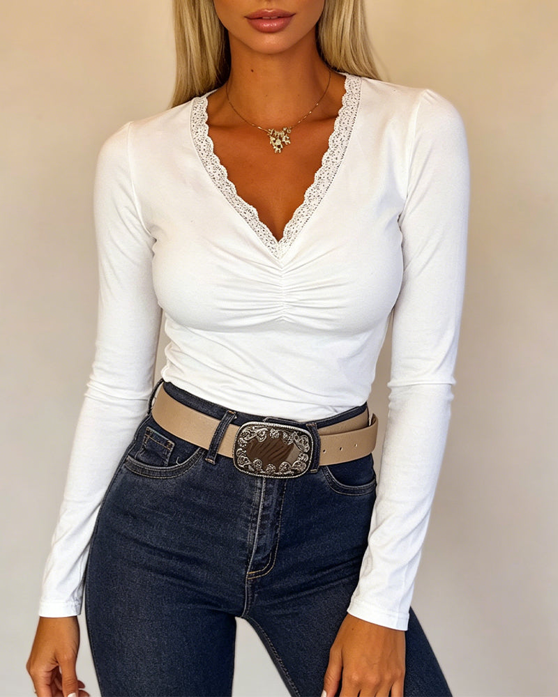 Women's Lace V Neck Ruched T Shirt Slim Fit Long Sleeve Tee Casual Elegant Top - Image 4